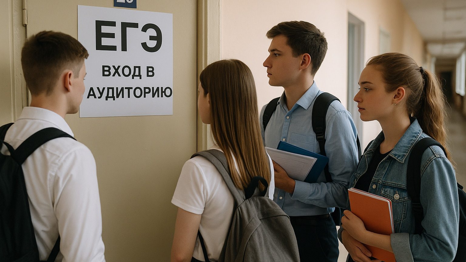 школьники готовятся войти в аудиторию сдавать ЕГЭ
